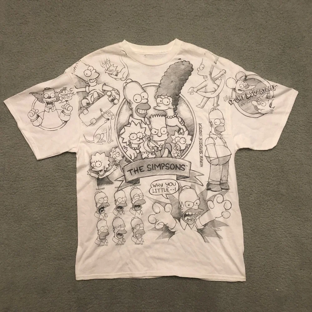 Liquid Blue The Simpsons‎ Sketch Graphic T-Shirt White XL Homer Bart AOP